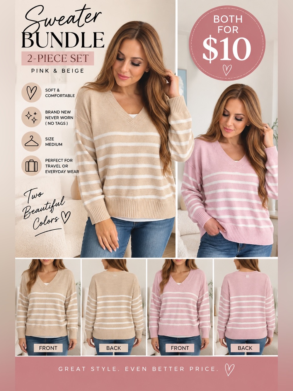 Striped V-Neck Sweater - Pink & Beige New without tags